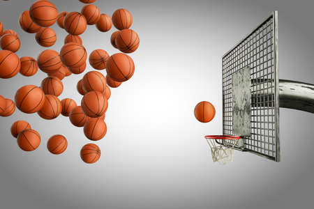 Many basketballs try to get into the basketball hoop with one basketball to succeed in basketball het. Business or Leadership or creativity idea or succession planing concept. 3D illustrationの写真素材
