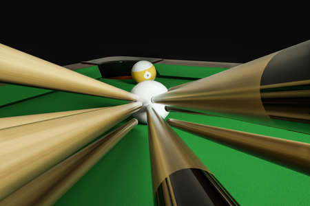 Many cue sticks aiming to hitting a white ball on a pool table. Cooperation or teamwork or partnership concept or cooperative development.3D illustrationの写真素材