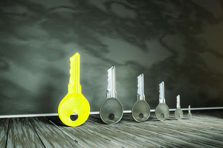 Metals keys in a shape of step growing growth on wooden blocks with one gold key in the begging. Creativity idea or business success or business investment concept. 3d Renderの写真素材