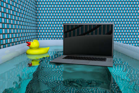 Laptop inside in the bathtub with a yellow rubber duck beside. Reduce Screen Time While You're WFH or Choose physical over digital or Take tech-free breaks or mental and physical health. 3D Renderの写真素材