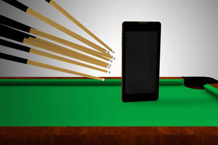 Many cue sticks aiming to hitting a phone on a pool table. Cooperation or teamwork or partnership or...