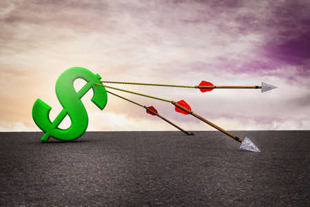 One arrows dragging a green dollar icon with others arrows fallen to the ground at sunset magenta...