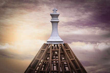 Chess King on top of many ladders together as pyramid. Leader on top concept. 3D illustration