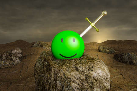 Excalibur in green smiling emoticon happy on stone at sunset day. Customer satisfaction rating or...