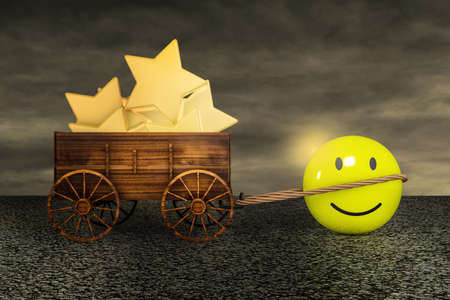 Smiling emoticon happy dragging a farm cart of golden stars on asphalt in a sunset day. Customer...