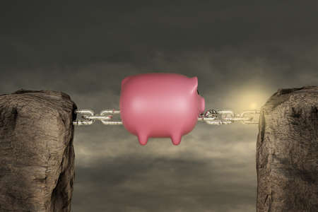 Two mountains connected with a chain by Pink ceramic piggy bank in sunset day. Create an automatic savings plan or saving Money Secret or building wealth concept. 3D renderの写真素材