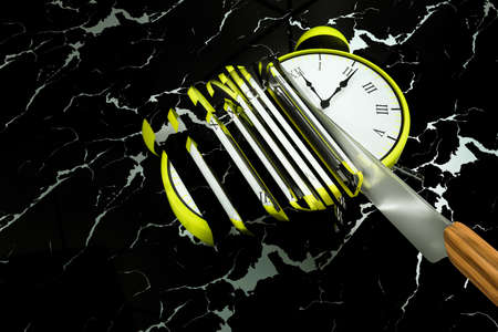 Kitchen knife cutting alarm clock in many pieces on black tile. Deadline concept or business time...
