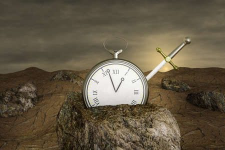 Excalibur in Pocket watch on stone at sunset day. Deadline or business time or control for period and break overtime or set expectations or Managing or Right Resources concept. 3D illustrationの写真素材
