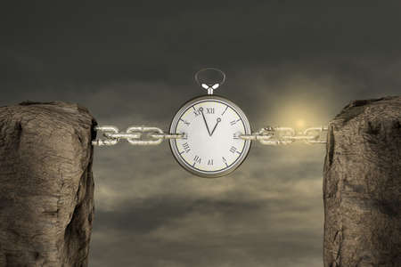 Two mountains connected with a chain by pocket watch in sunset day. Deadlines Matter or Limit the Damage of a Missed Deadline or set expectations concept. 3D illustrationの写真素材