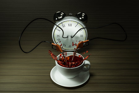 Alarm clock fills with a gas nozzle a cup of coffee with coffee on wood floor. Good morning coffee...