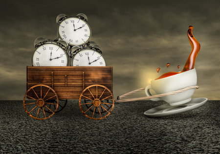 A cup of coffee with coffee dragging a farm cart of alarm clocks on asphalt in a sunset day. Good morning coffee or creative or full of energy or time to think or coffee splash concept. 3D renderの写真素材