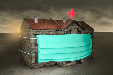 Hospital wearing a mask to protection people from coronavirus and grip. Protection against ''2019-nCoV'' or hospitalization for emergency contagion risk or Infectious epidemic concept. 3D illustrationの写真素材