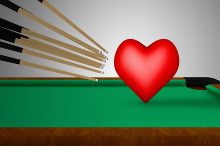 Many cue sticks aiming to hitting a shiny red heart on a pool table. Cooperation or teamwork or...
