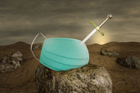 Excalibur in a medical mask on stone at sunset day. Protection against ''2019-nCoV'' or infectious...