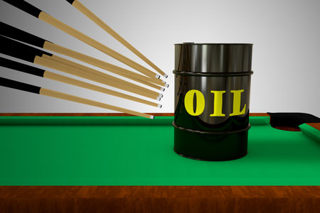 Many cue sticks aiming to hitting a Black Metal Oil Barrel on a pool table. Cooperation or teamwork...