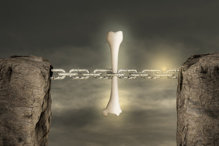 Two mountains connected with a chain by human thigh bone in sunset day. Strong bones and healthy human bone or Osteoporosis world day or retirement age and health. 3D illustrationの写真素材