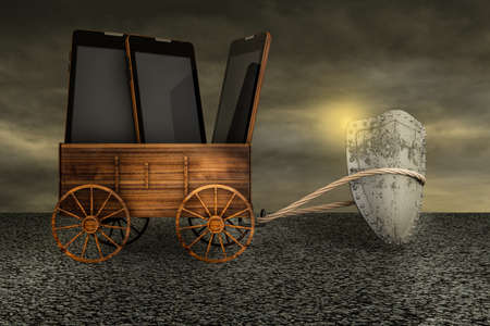 Shield dragging a farm cart of smartphones or mobile phones on asphalt in a sunset day. Authentication for use or protection or technology security or information privacy idea concept. 3D illustrationの写真素材