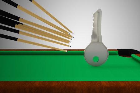 Many cue sticks aiming to hitting a metal key on a pool table. Cooperation or teamwork or partnership or cooperative development or Investment Opportunity or Priced to Sell FAST concept. 3D Renderの写真素材