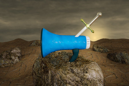 Excalibur in loudspeaker on stone at sunset day. Promote your campaigns or refer a friend or promotion or participation in your campaigns or Use Mystery Gifts as Rewards concept. 3D renderの写真素材