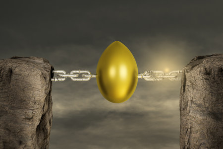 Two mountains connected with a chain by golden egg in sunset day. Biggest Retirement Decisions or find a Retirement Planner or planning for your income concept. 3D illustrationの写真素材