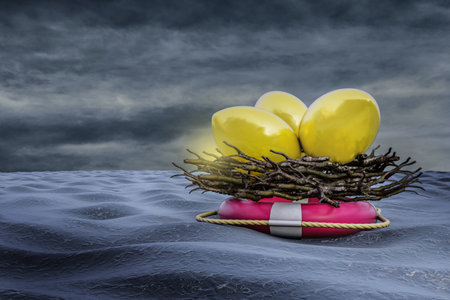 Nest with golden eggs inside lifebuoy on ocean at sunset cloudy day. Retirement Savings or...
