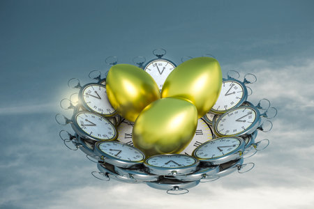 Nest in a shape of many pocket old style clocks with golden eggs inside in a blue sky. Successful retirement or give time for investment or find a planner or retirement Aspirations concept. 3D renderの写真素材