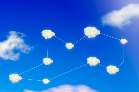 Clouds connecting each other with lines. Concept global network connectionの写真素材