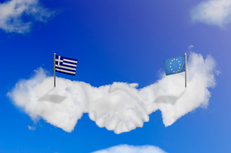 Cloud shape of the EU and Greece shake hands on blue sky.の写真素材