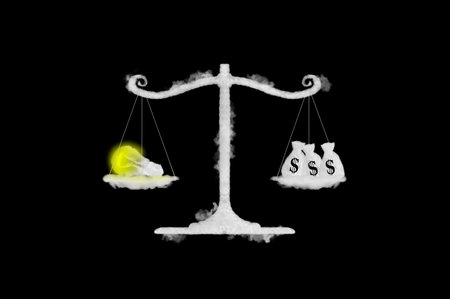 Cloud shape of light bulb idea and money on balance scale, black background. Transforming idea into cash concept.の写真素材