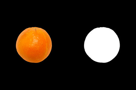 Ripe orange isolated on transparent background an alpha channel by black and white mask luminance, without white edges or fringes.の写真素材