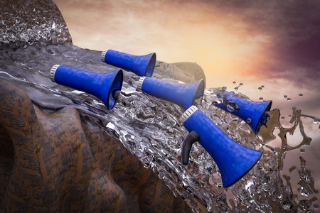 Megaphones fall from a waterfall at sunset magenta day demonstrating refer a friend failure concept. 3D Illustrationの写真素材