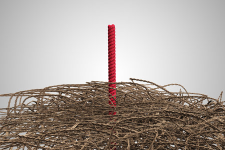 Red rope comes out tangled rope demonstrating competitive advantage corporate concept. 3D illustrationの写真素材