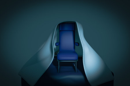 Airplane chair covered with a blanket demonstrating extreme feelings of fight or flight anxiety concept. 3D illustrationの写真素材