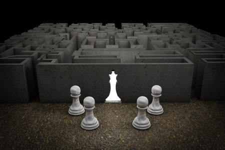 King of chess enters a maze demonstrating competitive advantage corporate or leadership concept. 3D...