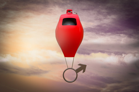 Balloon-shaped whistle carries a male symbol demonstrating Reporting sexual assault and workplace harassment concept. 3D illustrationの写真素材