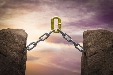 Chain with one unique golden link pulls upwards at sunset magenta day demonstrating competitive advantage corporate. 3d illustrationの写真素材