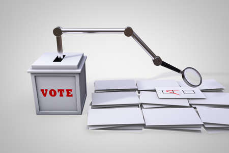 Ballot box looking for votes with magnifying glass demonstrating Searching for votes concept. 3D...