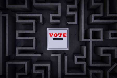 Ballot box inside a maze demonstrating voting issue. 3D illustrationの写真素材