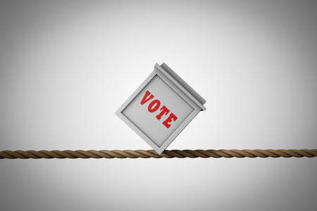 Ballot box balances on a rope demonstrating Election risk. 3D illustrationの写真素材