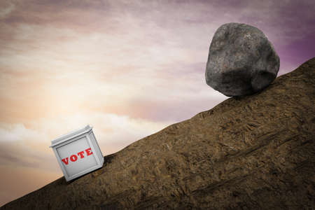 Stone runs down ready to hit a voting box demonstrating Election risk. 3D illustration