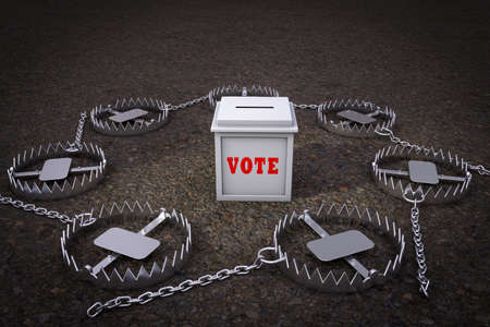 Ballot box surrounded by Metal bear trap demonstrating voting issue. 3D illustrationの写真素材