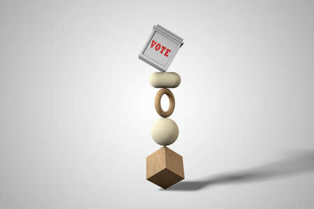 Ballot box balanced on primary shapes demonstrating Election risk. 3D illustration