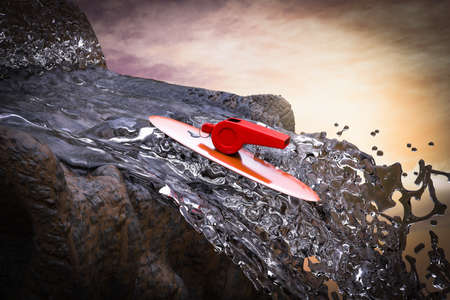 Whistle on a plank against a waterfall demonstrating person in society or a company exposing corruption concept. 3D illustrationの写真素材