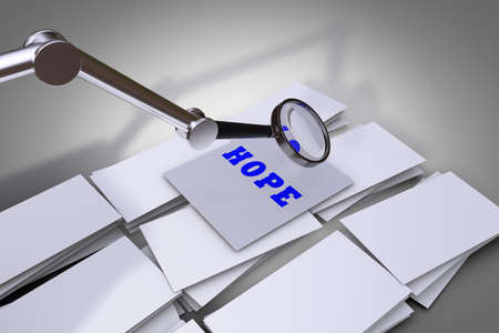 Magnifying glass shows on paper hope demonstrating lost hope concept. 3D illustration