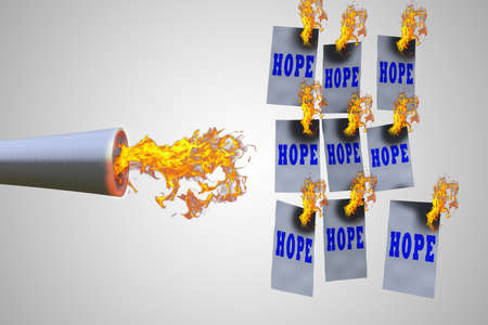 Metal pipe throws fire and burn hope demonstrating lost hope concept. 3D illustrationの写真素材