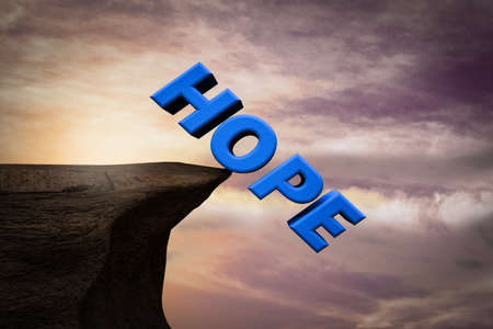 Hope is in edge cliff ready to fall demonstrating lost hope concept. 3D illustrationの写真素材