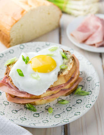 A French Croque Monsieur sandwich topped with a fried egg with runny yolk in a light setting