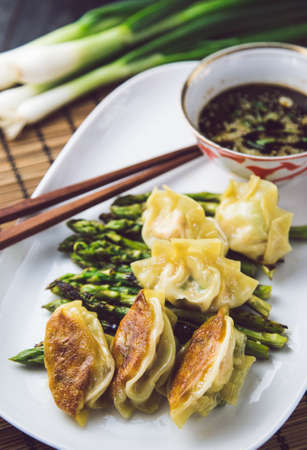 A plate full of crispy gyoza dumplings filled with pork and served with grilled green asparagus photographed in a dark settingの写真素材