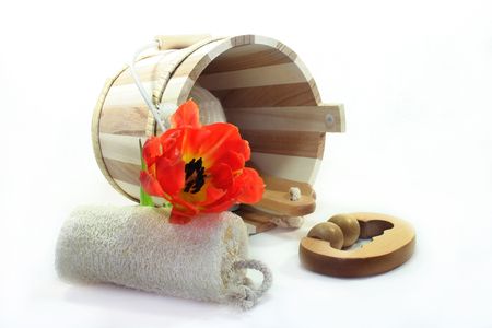 Wooden bucket with various sauna accessoriesの写真素材