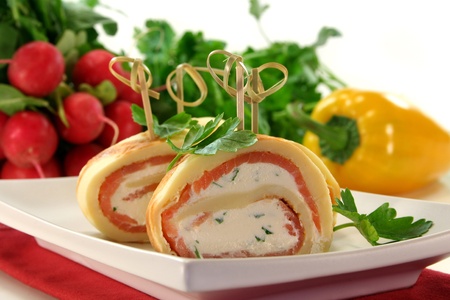 stuffed pancakes with smoked salmon and herb cream cheeseの写真素材
